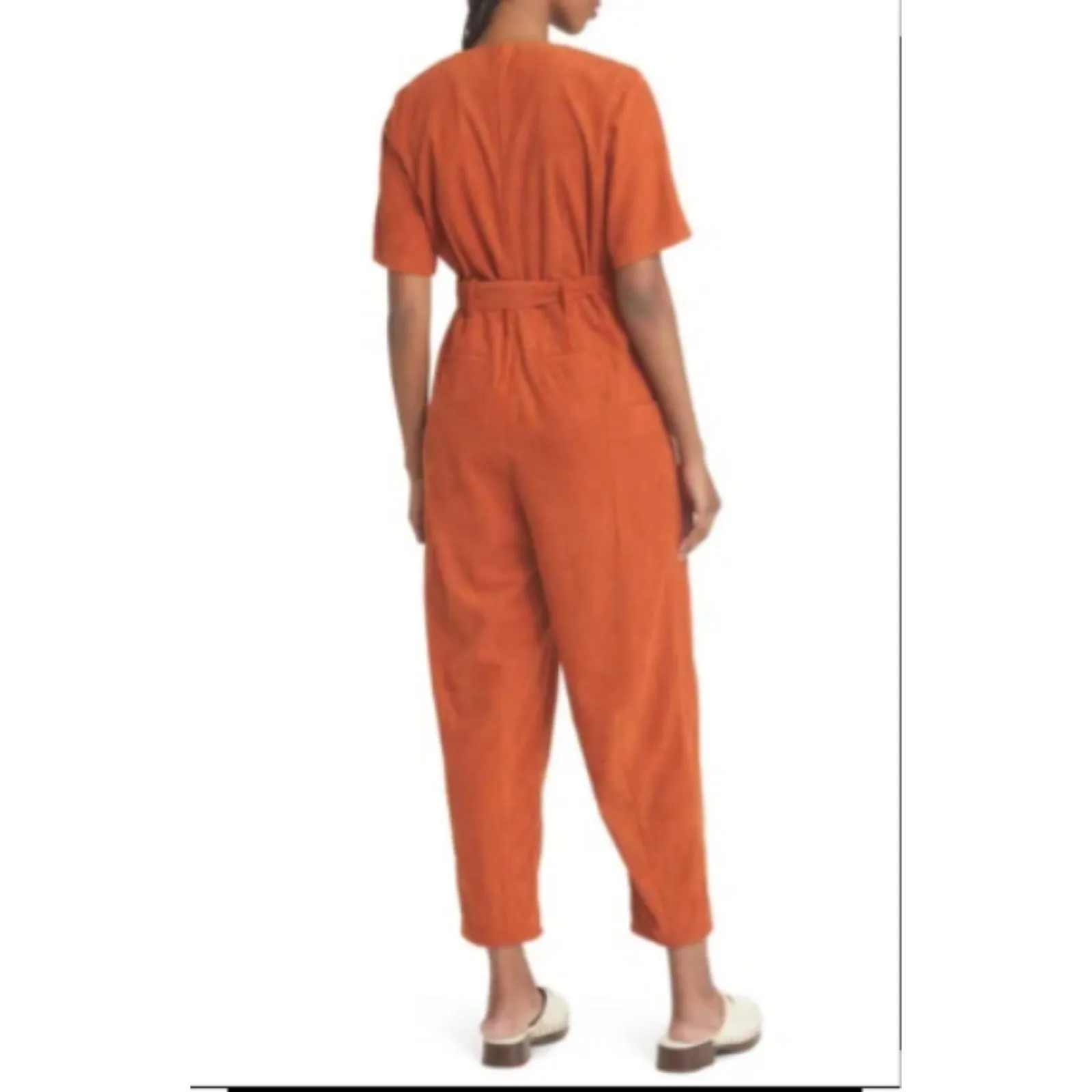 NWOT Du Paradis Corduroy Belted Rust Short Sleeve Tapered Leg Jumpsuit Sz M Orange Size M - Image 10