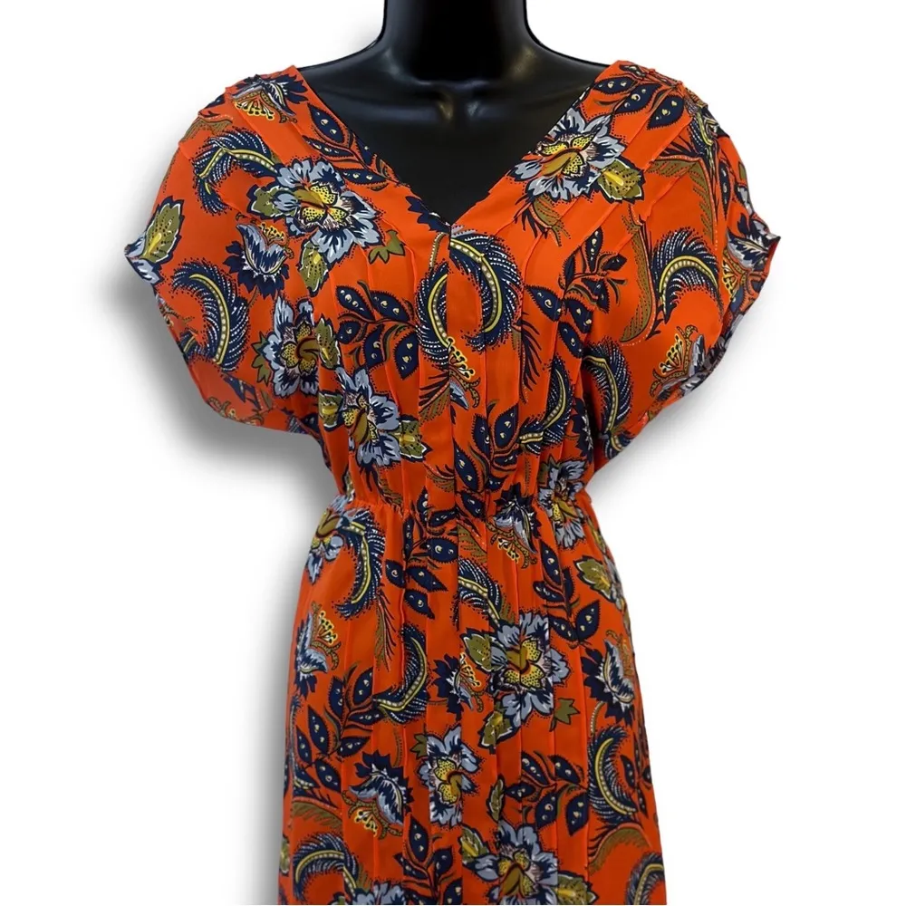Lands'End  Orange Floral Pin-tuck V Neck Short Sleeve Midi Dress - Image 6