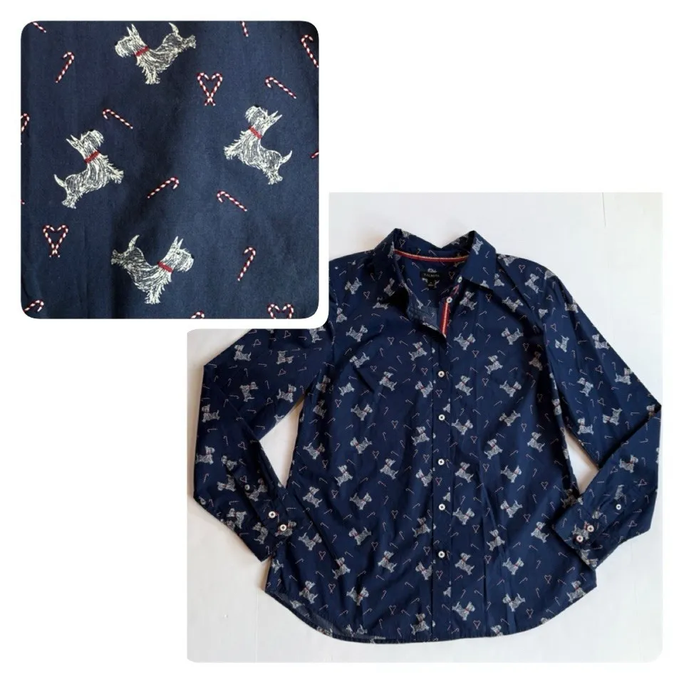 Talbots Oxford Top Women S 4 6 Long Sleeve Xmas Scottie Dog Candy Cane Print - Image 2