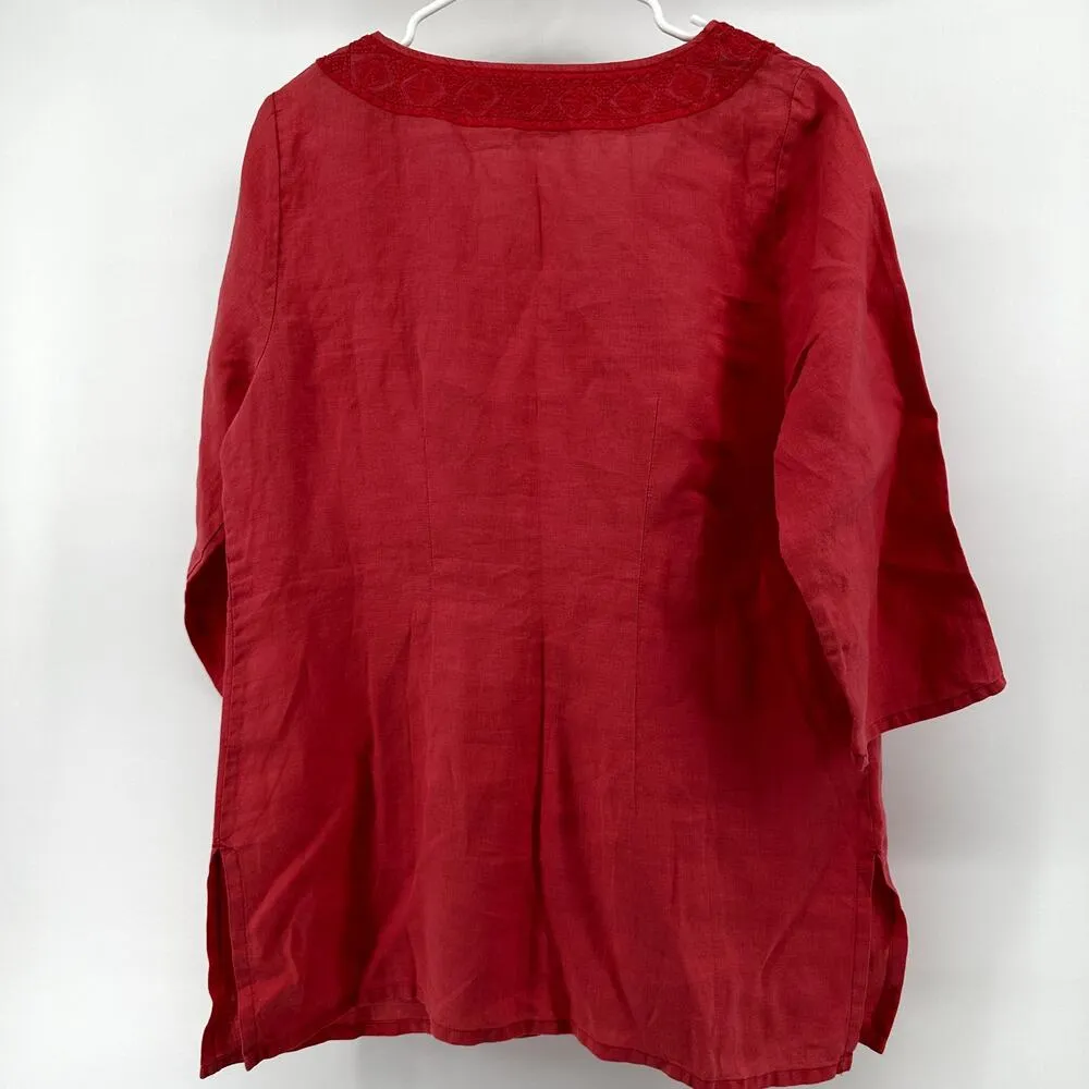 Tommy Bahama V Neck Tunic Blouse 3/4 Sleeve Lace Trim 100% Linen Red L - Image 5