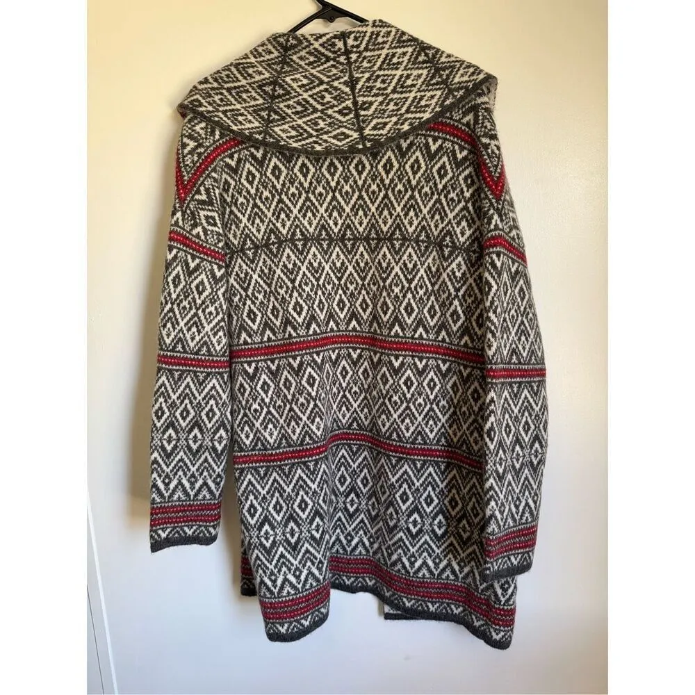 ASPEN Womens Wool Chunky Gray Fair Isle Nordic Open Front Sweater sz M Cabincore Red Size M - Image 4