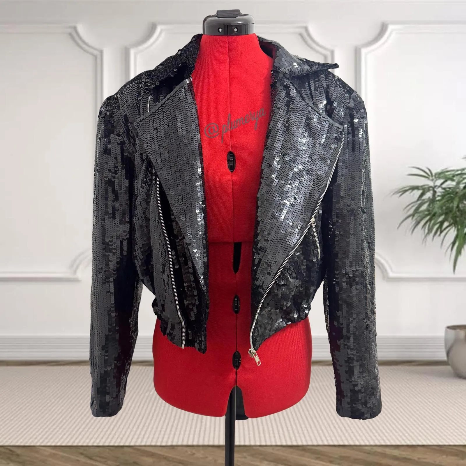 Vintage Just Fabulous Black Beaded Sequin Motorcycle Jacket Size S - Image 3