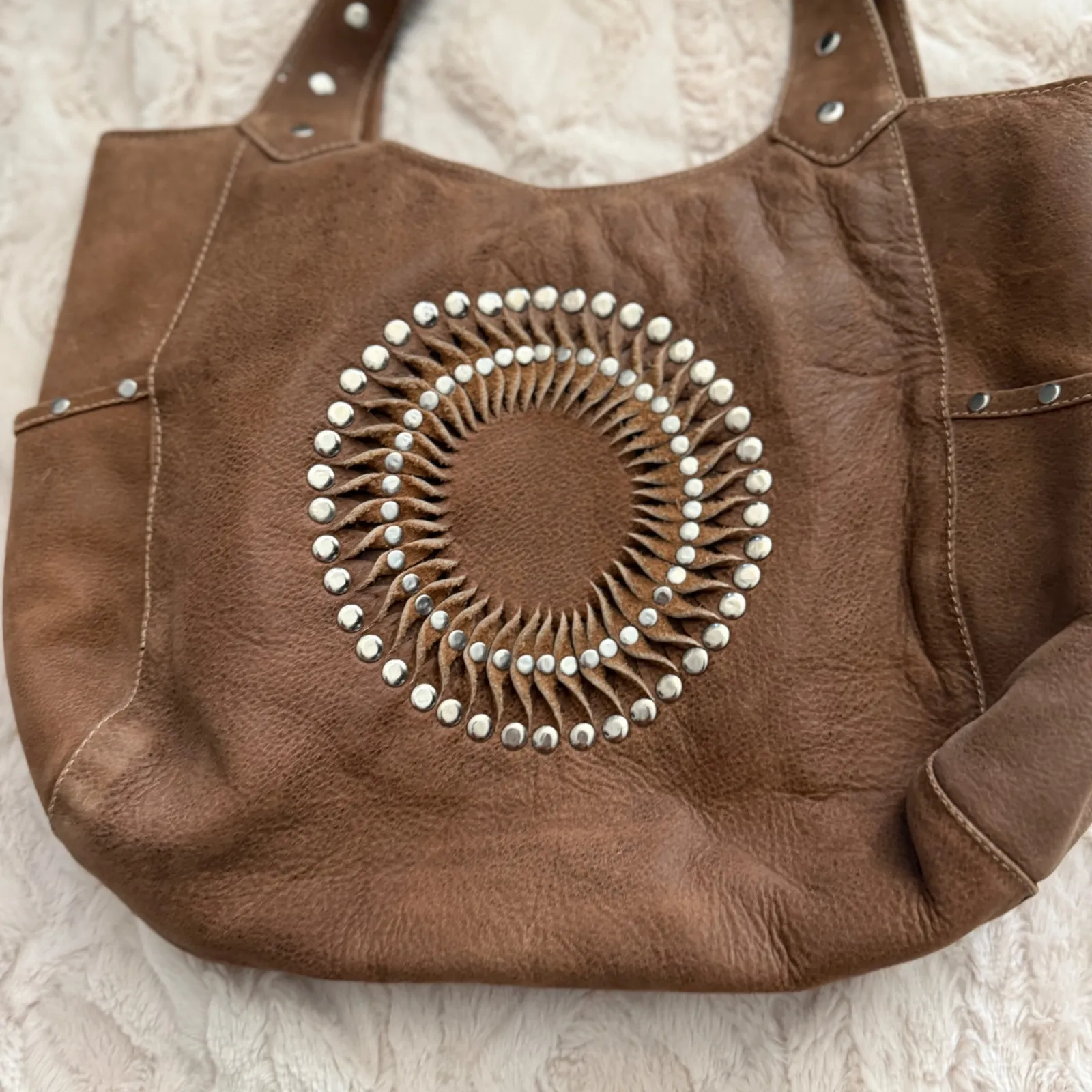 Leather Hobo Bag Brown Studded Boho Shoulder Bag Purse Women's Western Boho Brown - Image 6