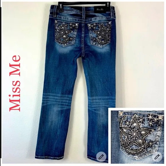 jeans low rise boot cut embellished Rhinestone pockets size 29 NWOT - Image 2
