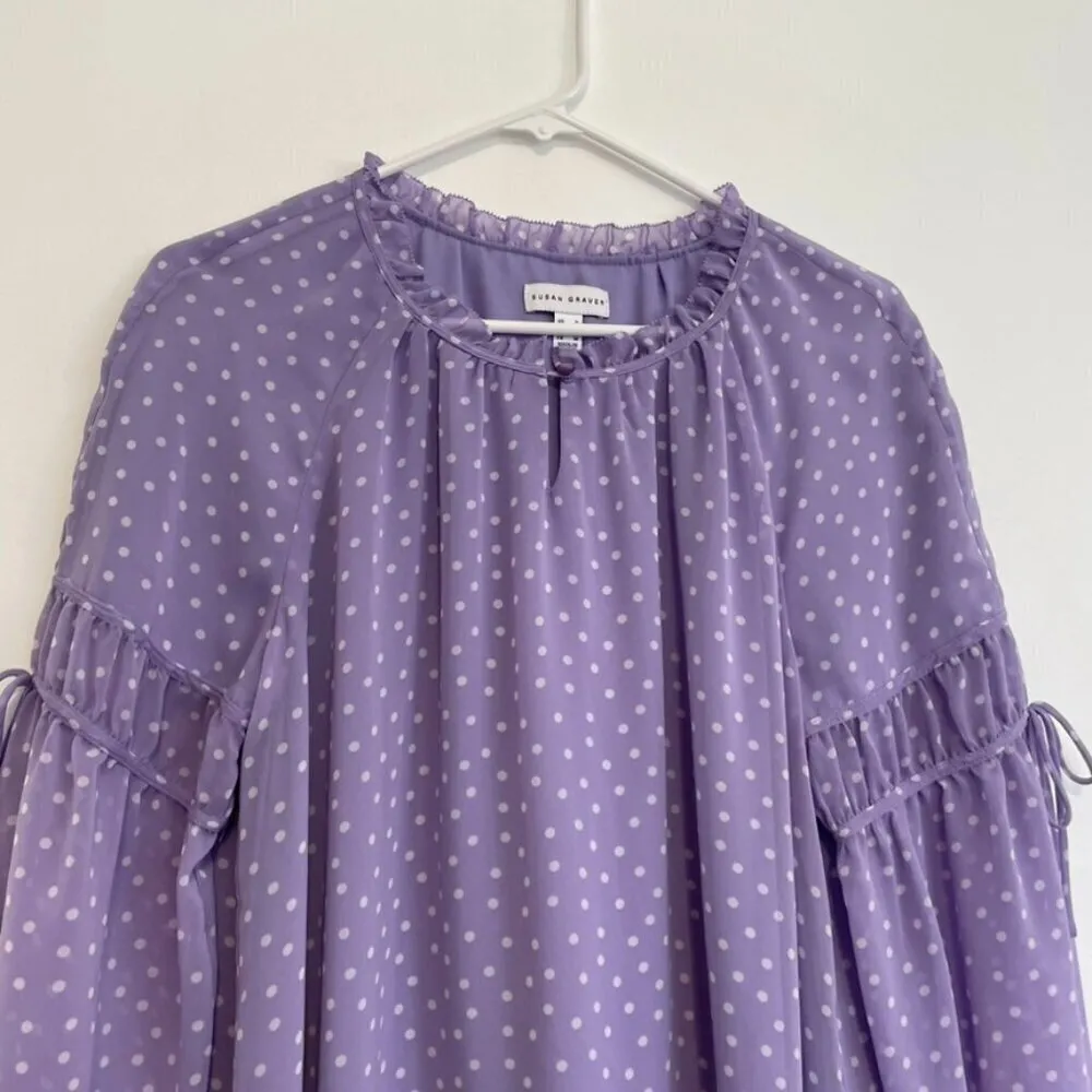 SUSAN GRAVER Printed Sheer Chiffon Raglan Sleeve Peasant Top Lilac Lavender Boho - Image 4