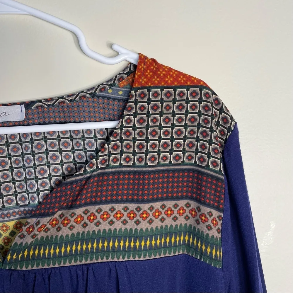 ezra Boho Shift Long Sleeve Blouse V-Neck Unique Women’s Shirt Navy Blue Top - Image 2