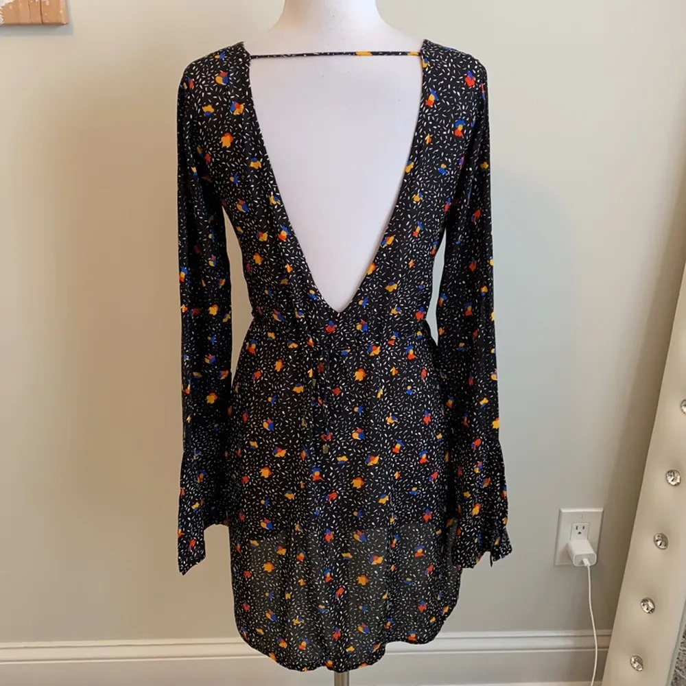 Black Floral Bell Sleeve High Low Dress - Image 3