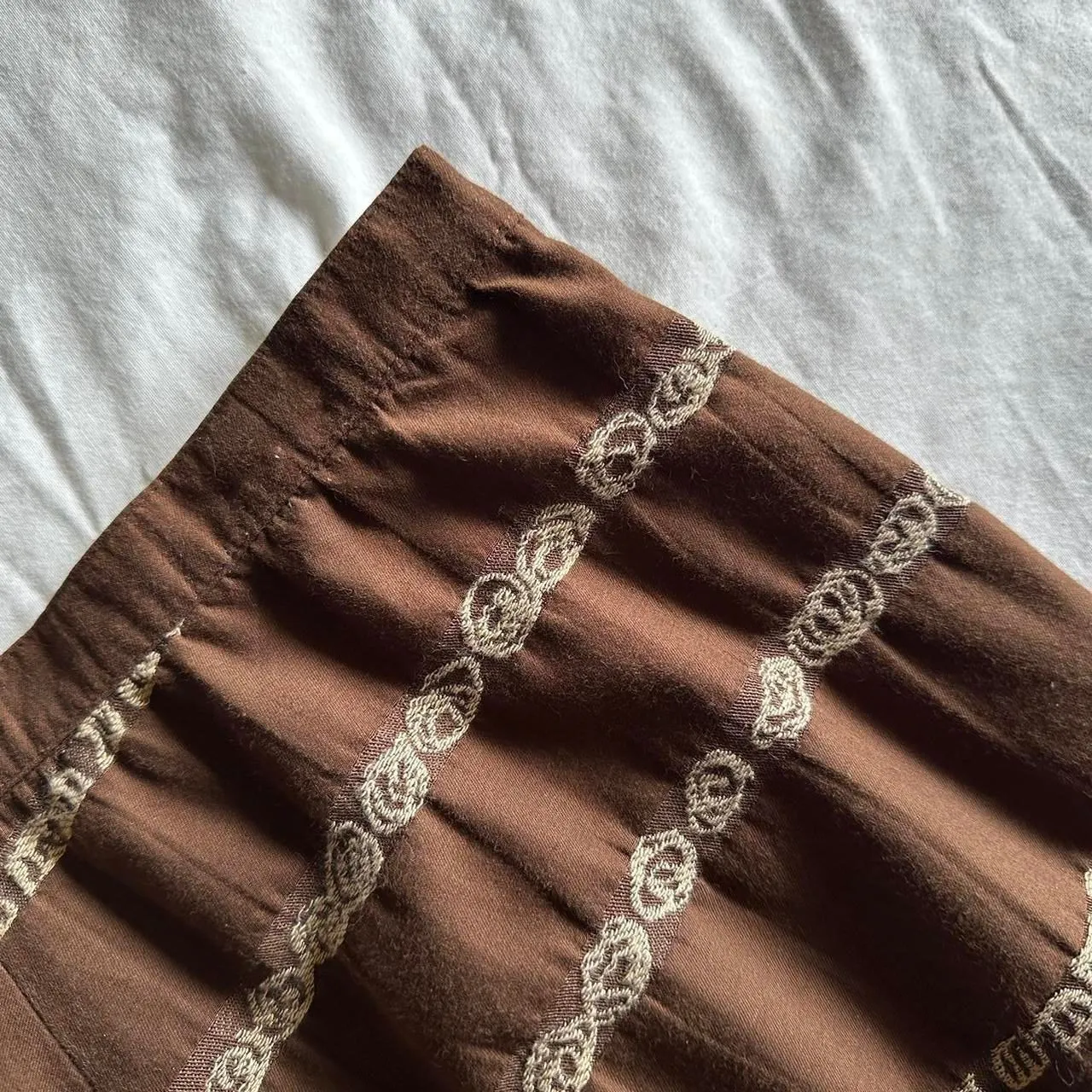 Talbots Petites Brown Midi‎ Prairie Skirt W/ Cream Striped Embroidery Sz 4P Boho - Image 3