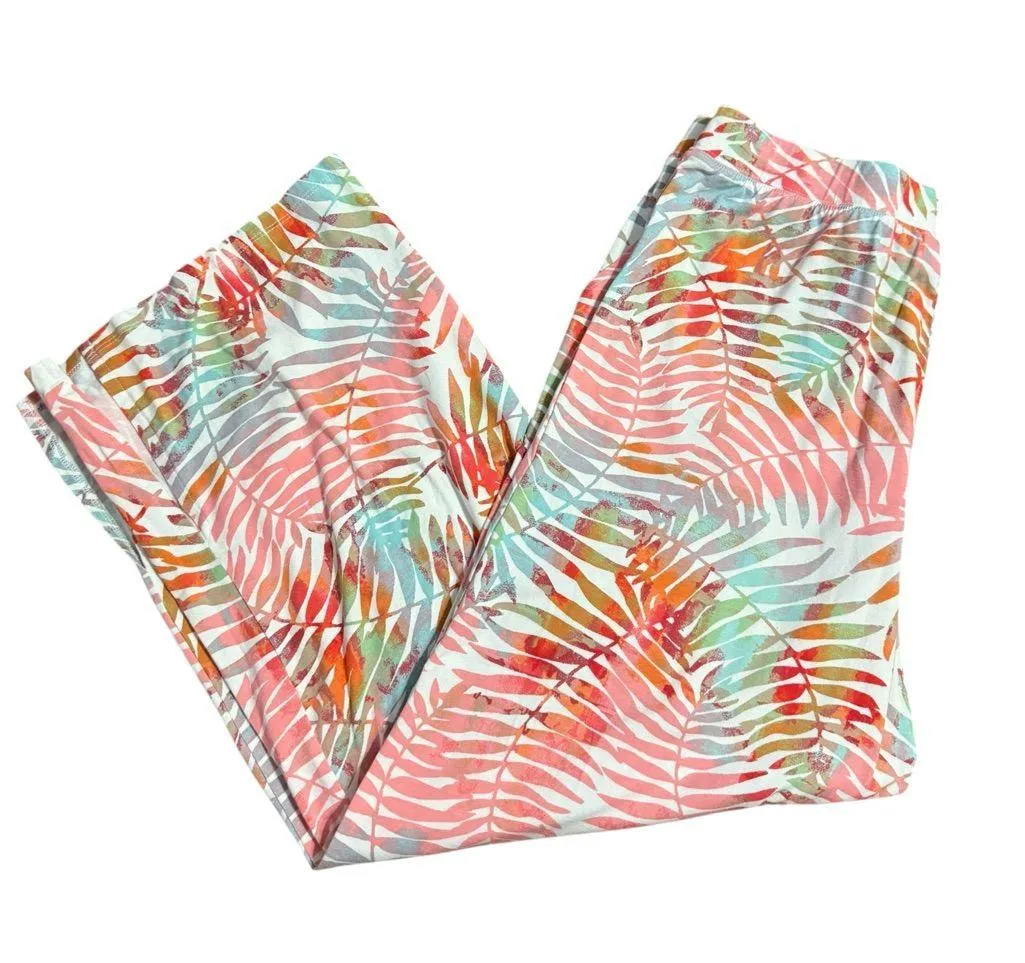 Tropical Leaf Print Wide Leg Beach Pants Boho Resort Vacation Trousers Sz M Pink Size M - Image 10