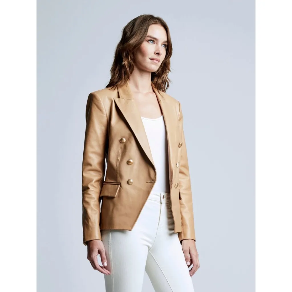 L’AGENCE Kenzie Double Breasted Lamb Leather Blazer Camel Tan Brown Size 10 - Image 12