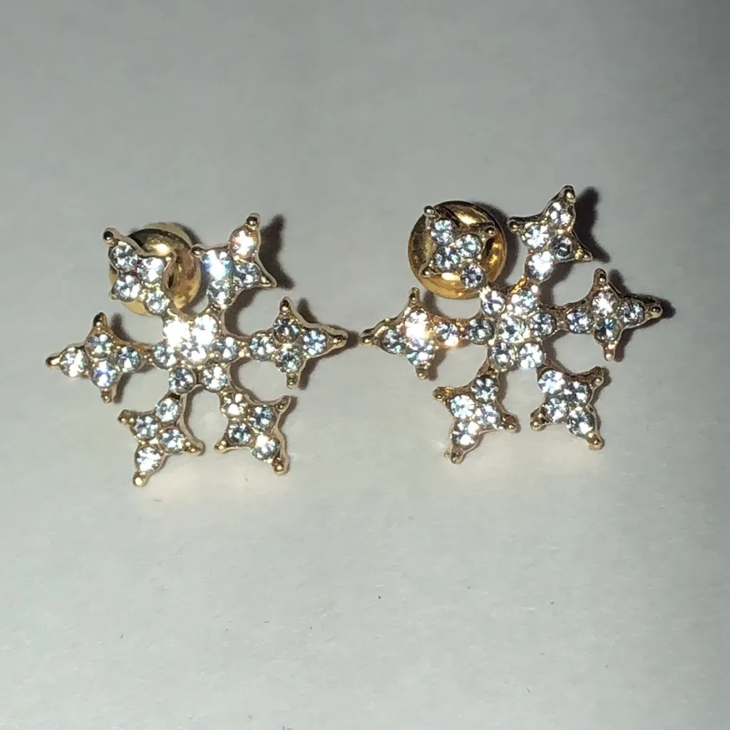 Elegant Gold Tone CZ Rhinestone Boho Snowflake Earrings - Image 2