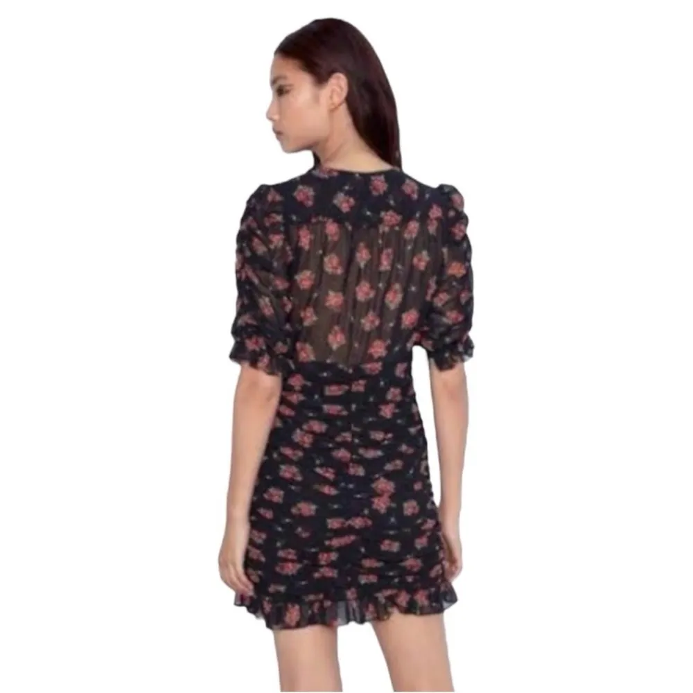 Zara Floral Ruched Mini Dress Mesh Ruffle Plunge V-Neck Puff Sleeve Size Small - Image 3