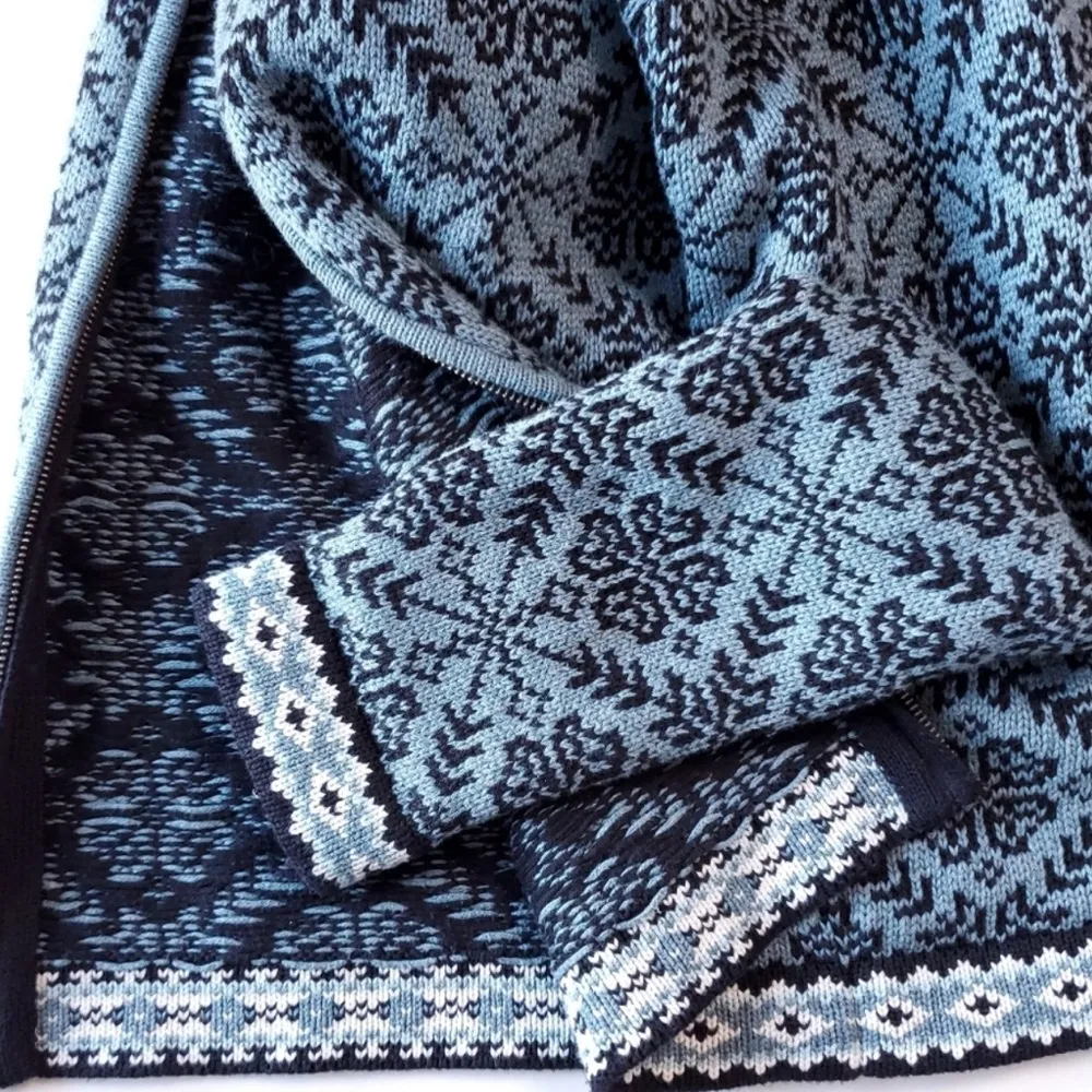 L.L BEAN Bean Cardigan Sweater Womens Small Norwegian Zip Up Snowflake Blue - Image 3