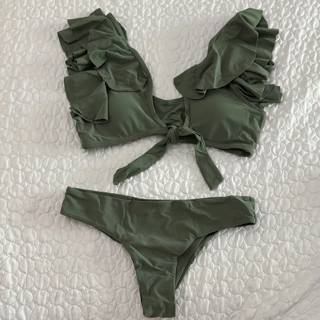 Women size small olive Green Ruffle Bikini Set - Image 2