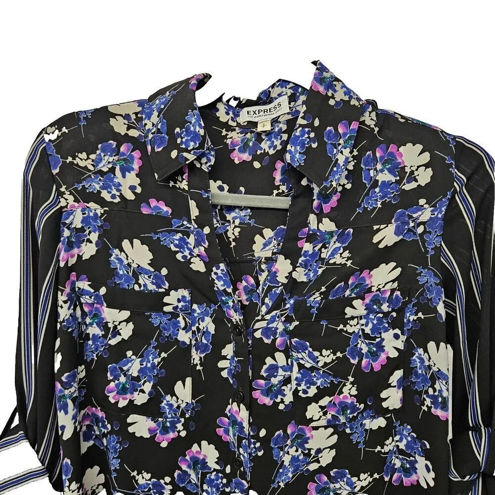 Express Portofino Floral Striped Shirt Blouse Top S Roll Tab *FLAW - Image 3