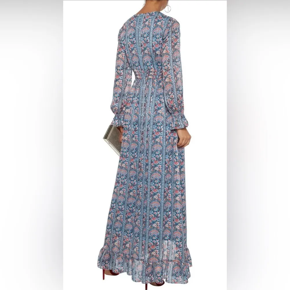 MIKAEL AGHAL Ruffle Trim Floral Print Burnout Georgette Maxi Dress long sleeve Blue Size 6 - Image 4