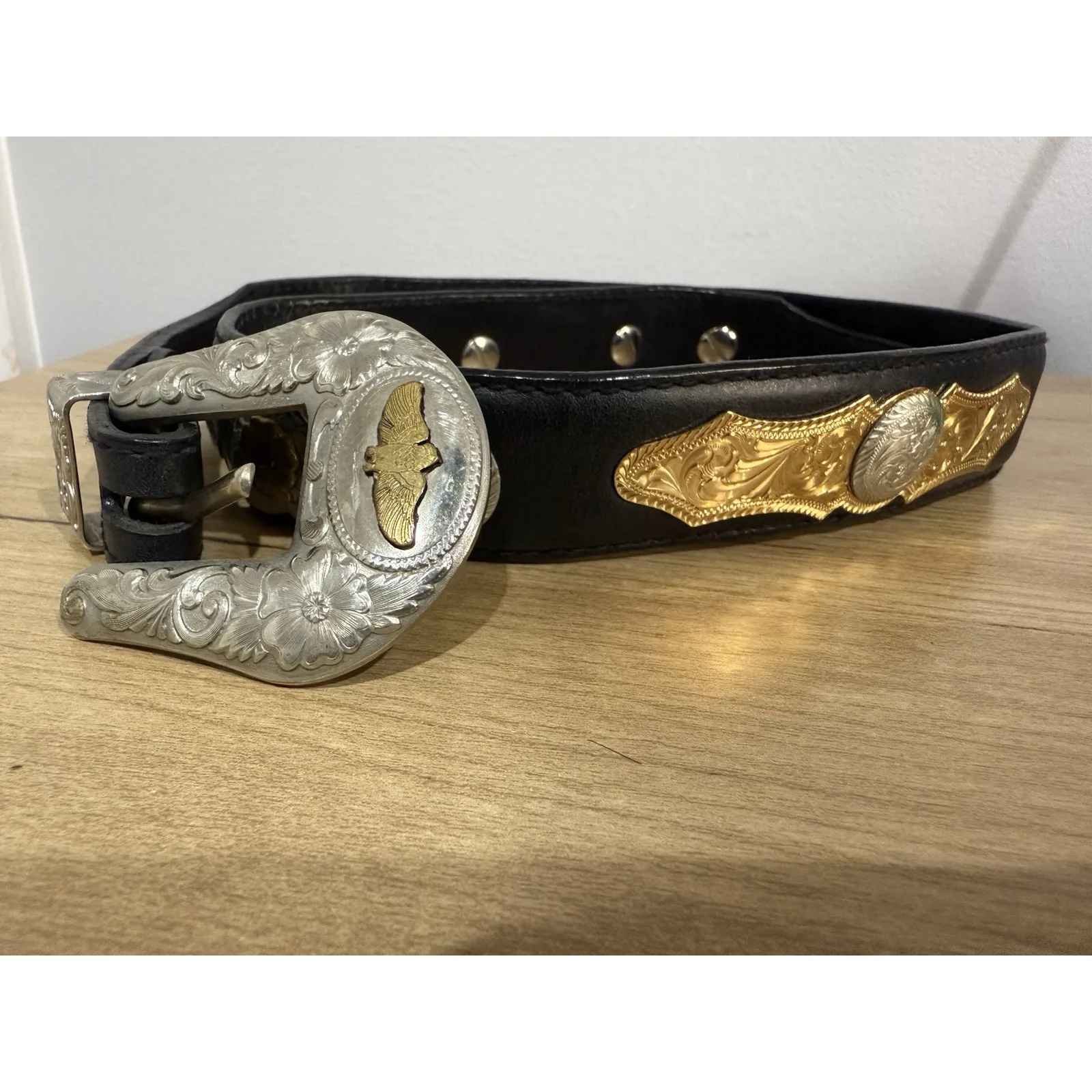 Western Cowgirl Black Leather Belt Concho Heart German Silver Big‎ Al's 38" Boho - Image 2