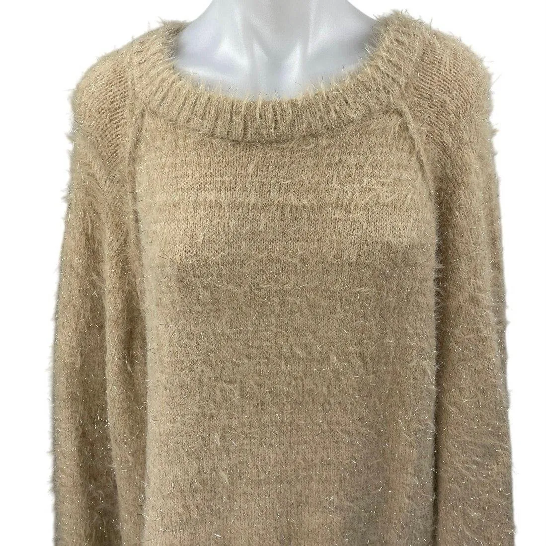 Easel Women's Brown Tan Fuzzy Faux Fur Long Sleeve Knit Mini Sweater Dress Sz S - Image 3