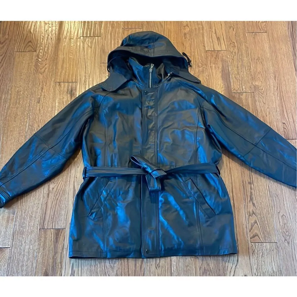 VintageāLeather black hooded faux fur lined trench jacket M Size M - Image 2