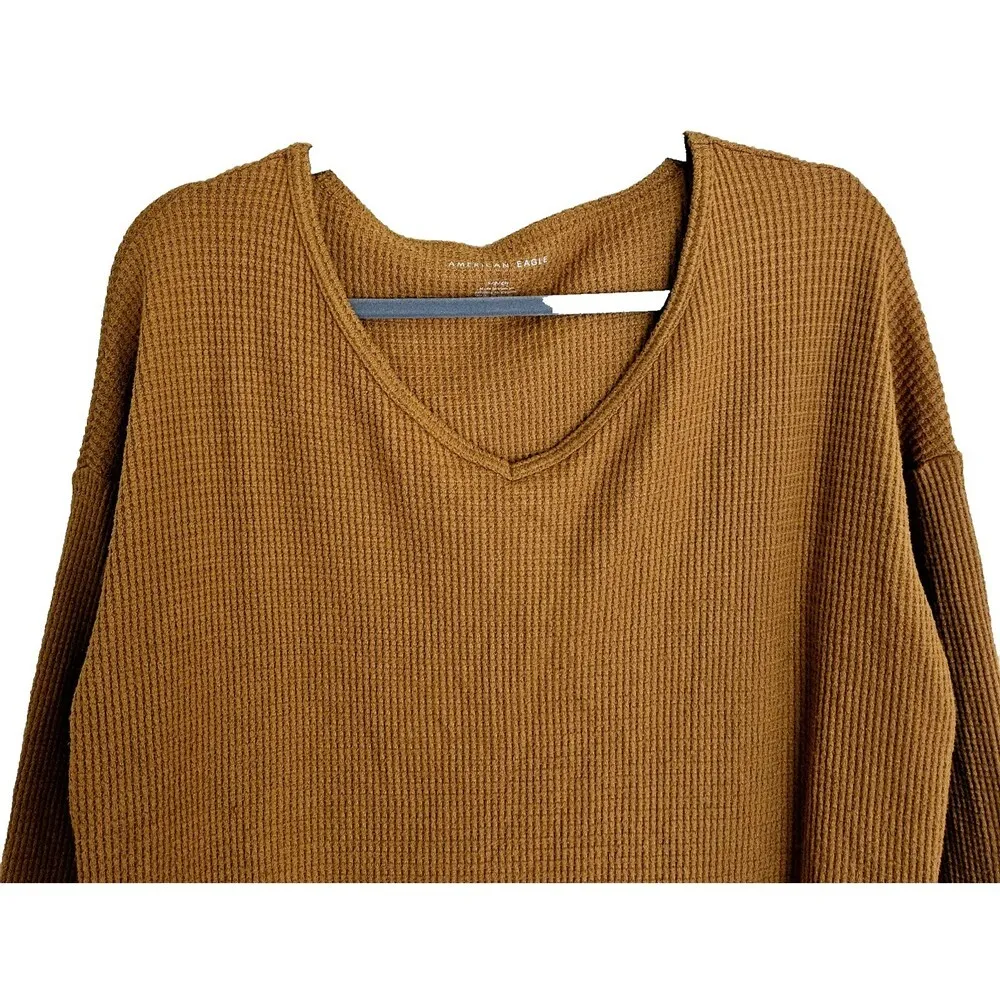 American Eagle Waffle Rib Knit Thermal Top Size S V-Neck Mustard Orange - Image 3