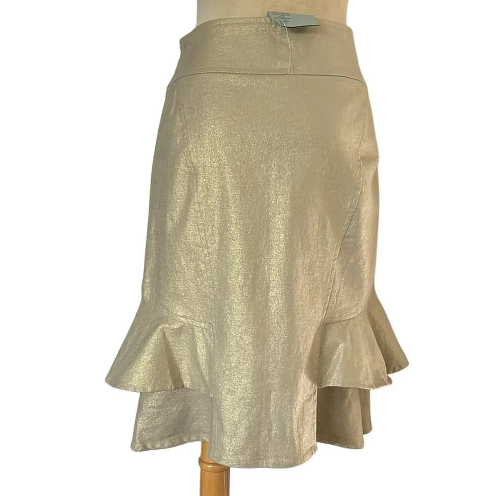 Cache Linen Blend Gold Metallic Lined Skirt Self Belt Tiered Ruffle New $98 NWT - Image 6