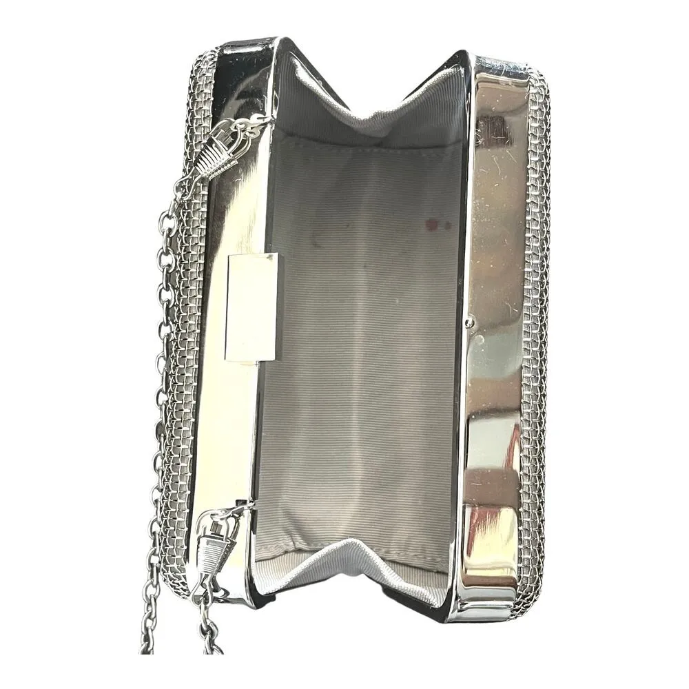 Bebe USA Metal Frame Fashion Clutch HANDBAG Purse Silver Shoulder Chain Strap - Image 6