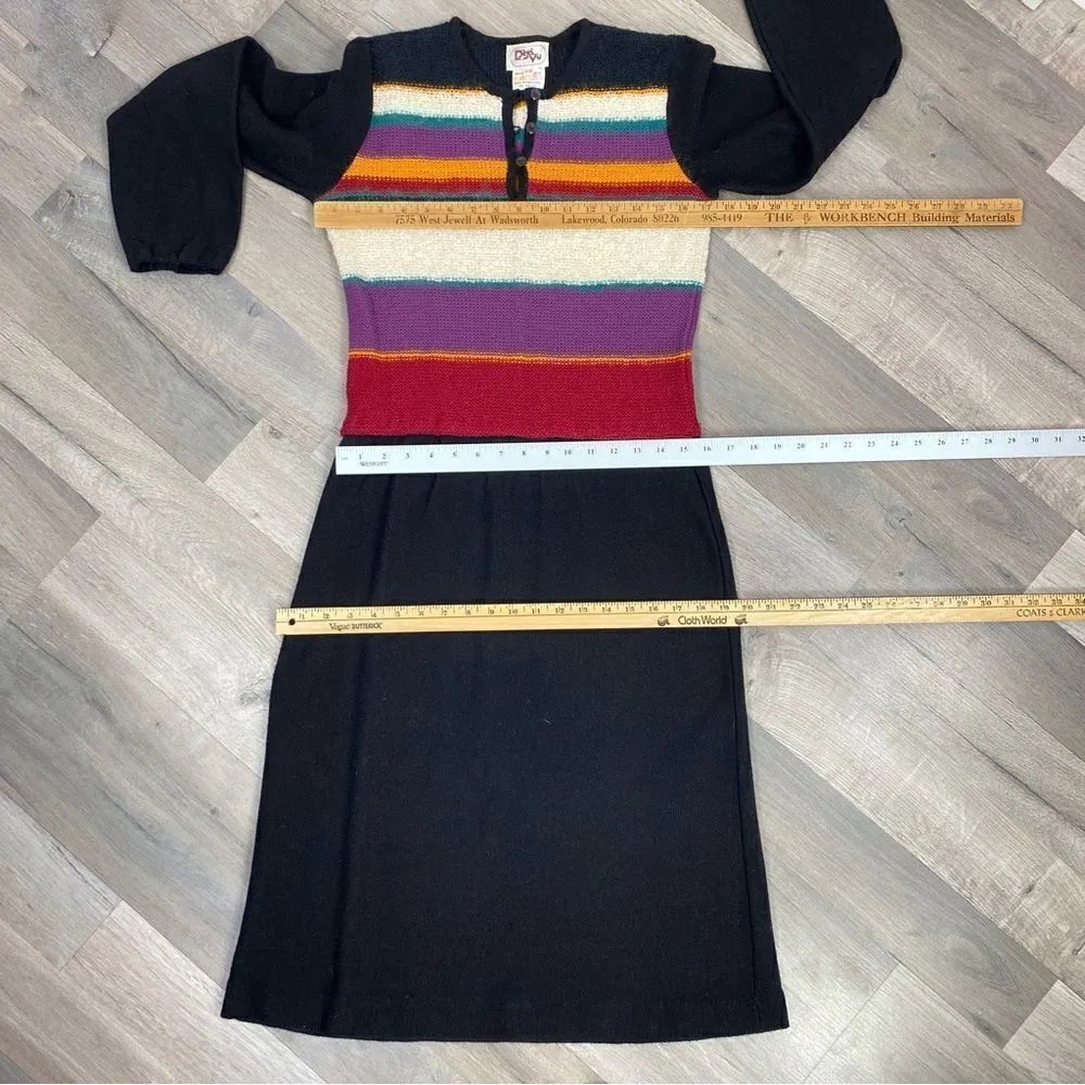 Vintage 70s DeJaVu Striped Knit Fit & Flare Dress Black Multi Medium Long Sleeve - Image 14