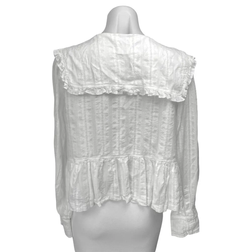 Peppermayo White Long Sleeve Tie Knot Collared Ruffle Peplum Blouse Top Size 8 - Image 2