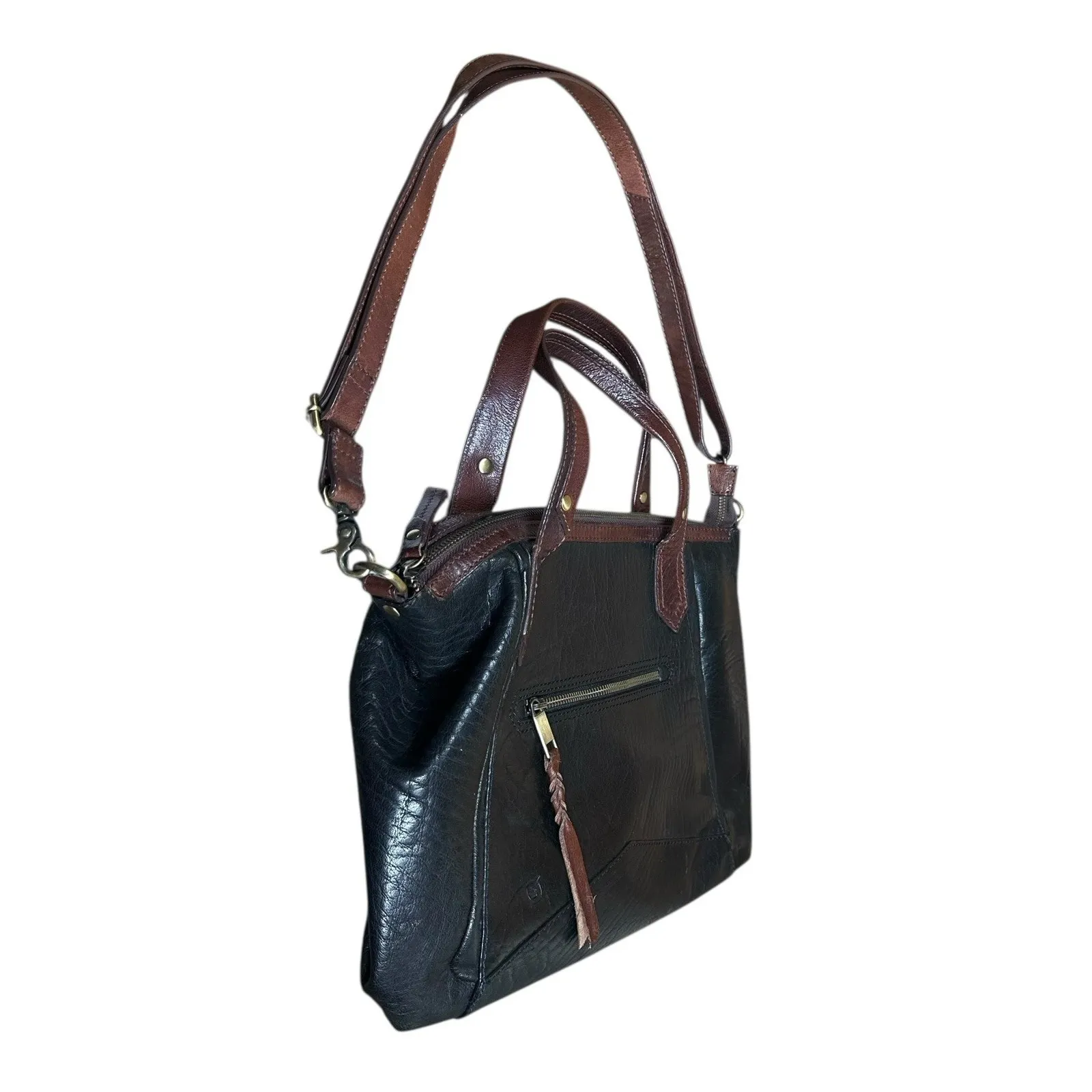 BORN Black Leather Brown Trim Satchel Handbag Purse Double & Long Handle Large - Image 3