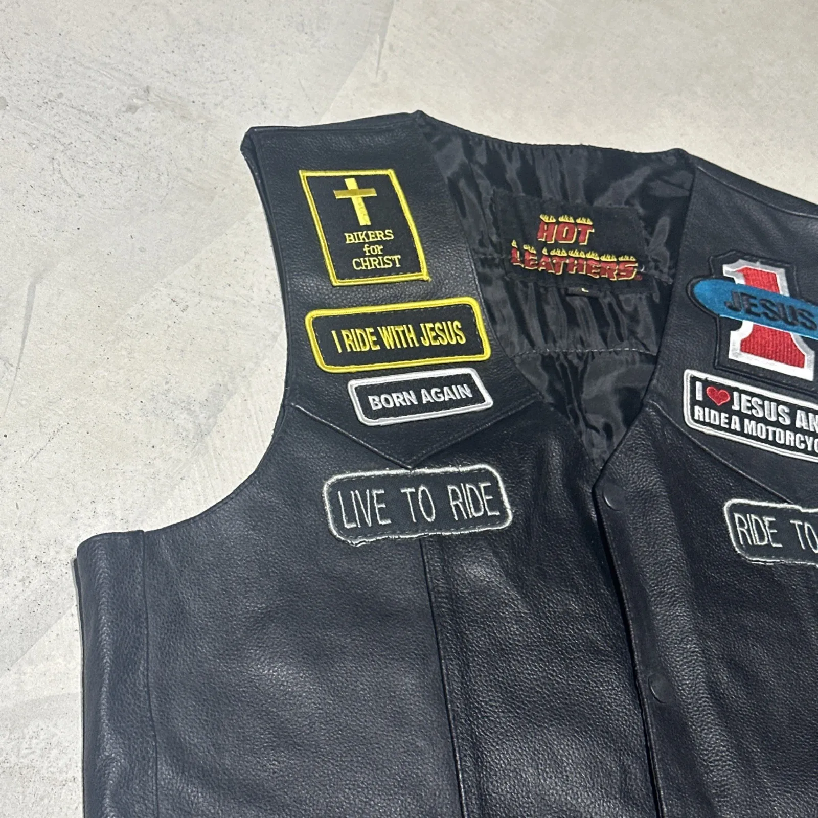 Vintage 90s Leather WWJD Riders For Christ CMC Patches Biker Vest HOG Jesus Black Size L - Image 6