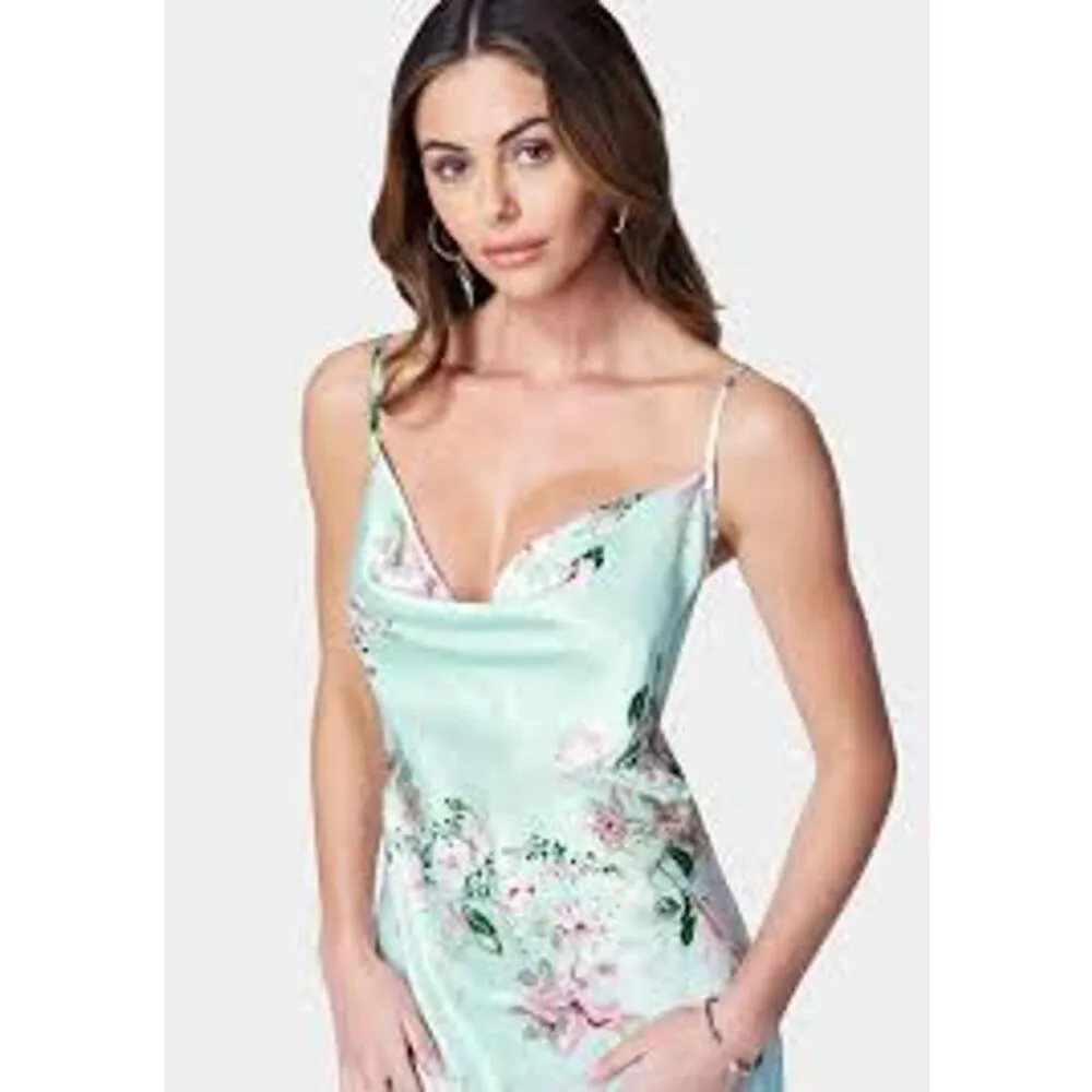 BEBE Cowl Neck Maxi Dress Size Small S Satin Slip Dress Blue Floral FEMININE - Image 7