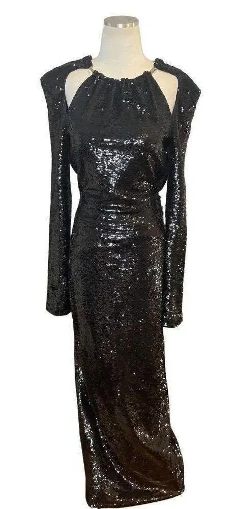 THE ATTICO Sequin Cut Out Chain Neck Gown in Black 42 4 - Image 6