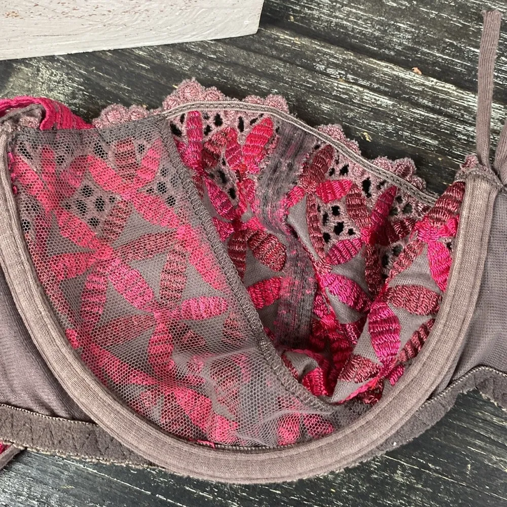 Aubade Paris Taupe & Pink Unlined Underwire Embroidered Bra 36C Brown Size undefined - Image 3