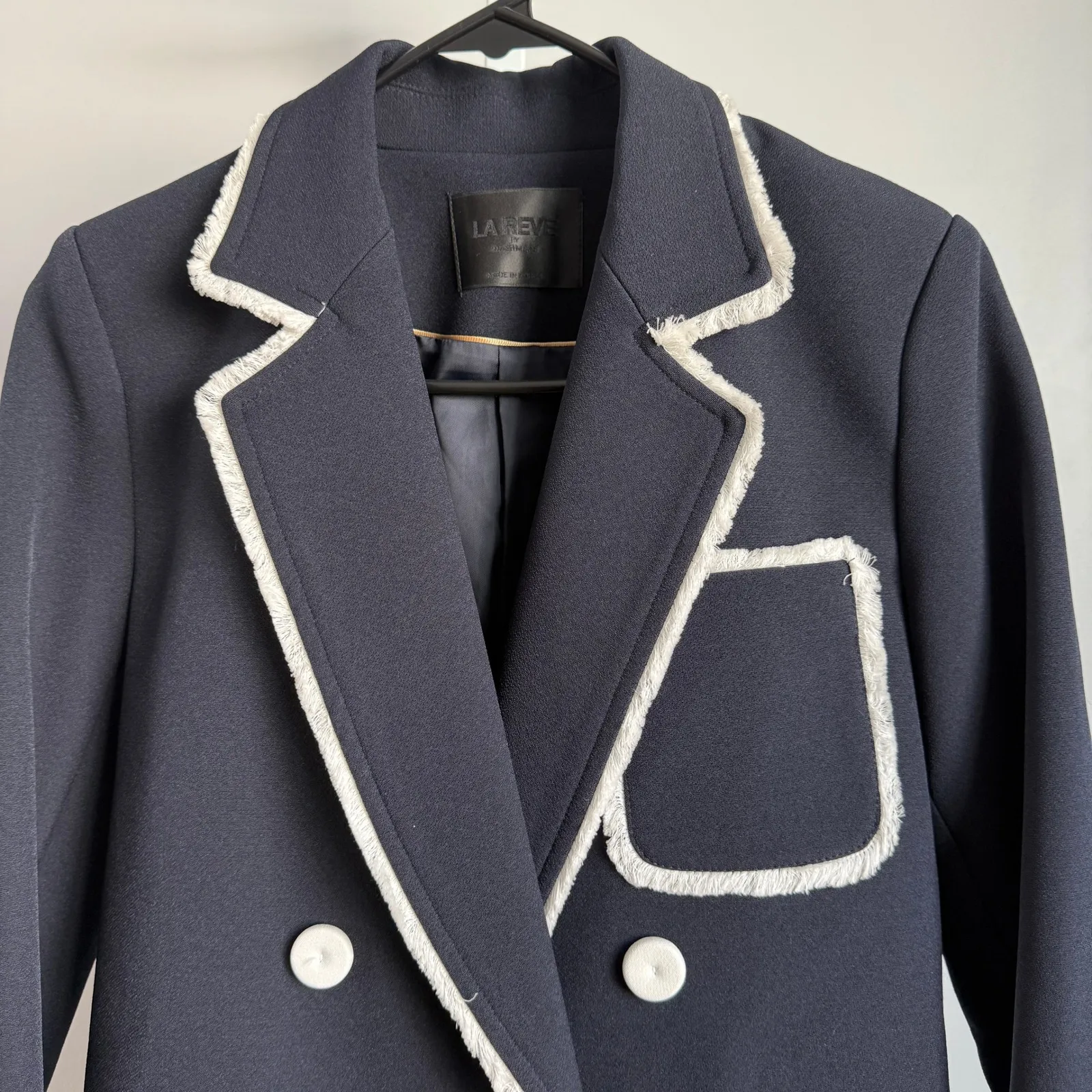 La Reve Navy Blue Blazer sz S Fringe Trim Double Breasted Elegant Women's Jacket - Image 3