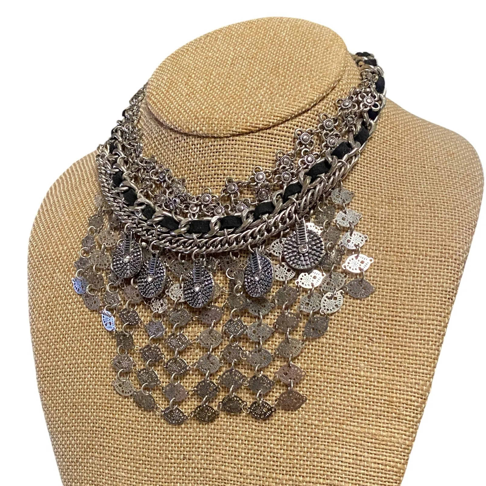 Free People Boho Silver Tone Coin Charm Statement Tribal Layered Choker Necklace - Image 4