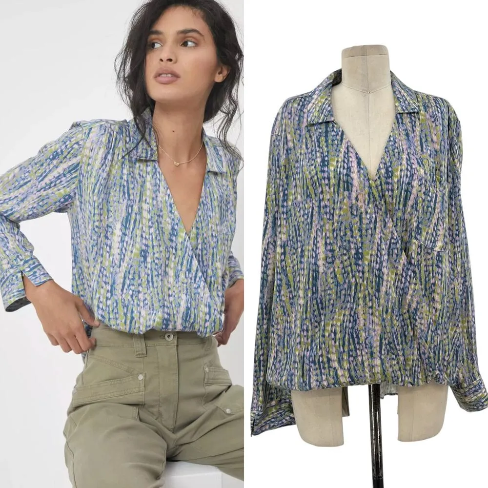 Anthropologie Pilcro Tisha Surplice Blouse Abstract Blue Green Purple Size Large - Image 2
