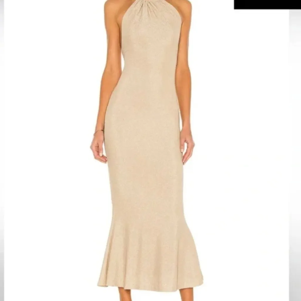 Misha Greta Gold Champagne Metallic Halter Midi Dress Size 4 Revolve Backless - Image 3