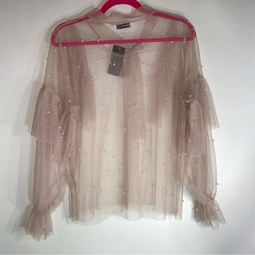 Fashion Leader L Tan Mesh Top Pearl Beaded Long Ruffle Sleeves Size L - Image 6