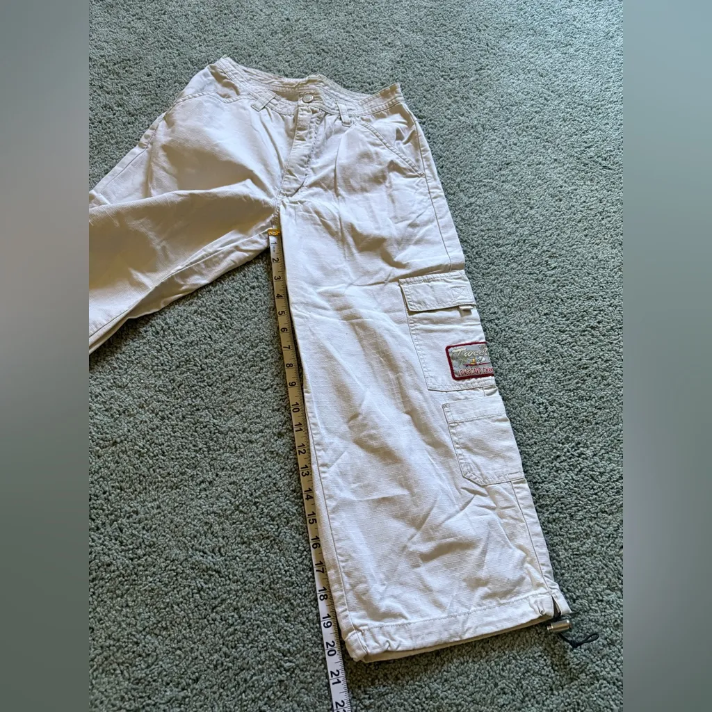 Vintage 1999 Looney Toons Tweety Cargo Pants Capris 90s Y2K Size 7/8 Beige - Image 5