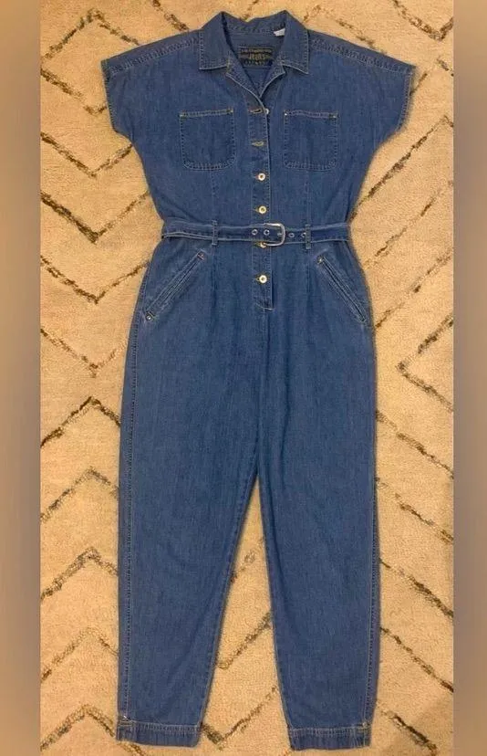 Vintage 90s Liz Claiborne Blue Denim Romper with Belt and Collar - Image 3
