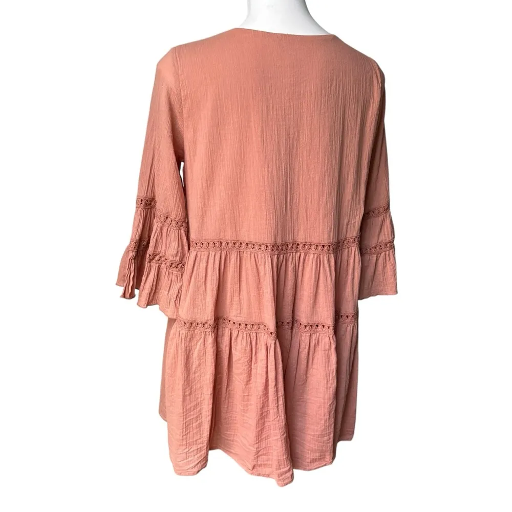 Listicle Boho V-Neck Tiered Bell Sleeve Cotton Mini Dress, Sz M - Image 5
