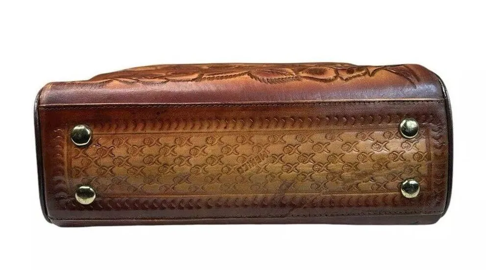 Vtg 70s Purse Leather Hand Tooled Brown Mexican Handbag Roses Floral Embossed - Image 14