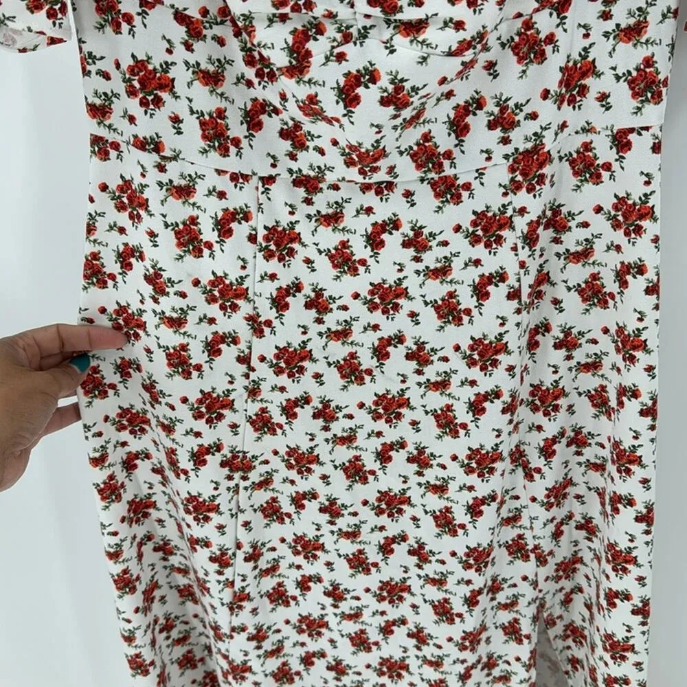 Danielle Bernstein White red Floral Midi Dress Ruched Puff Sleeve side Slit sz 2 - Image 8