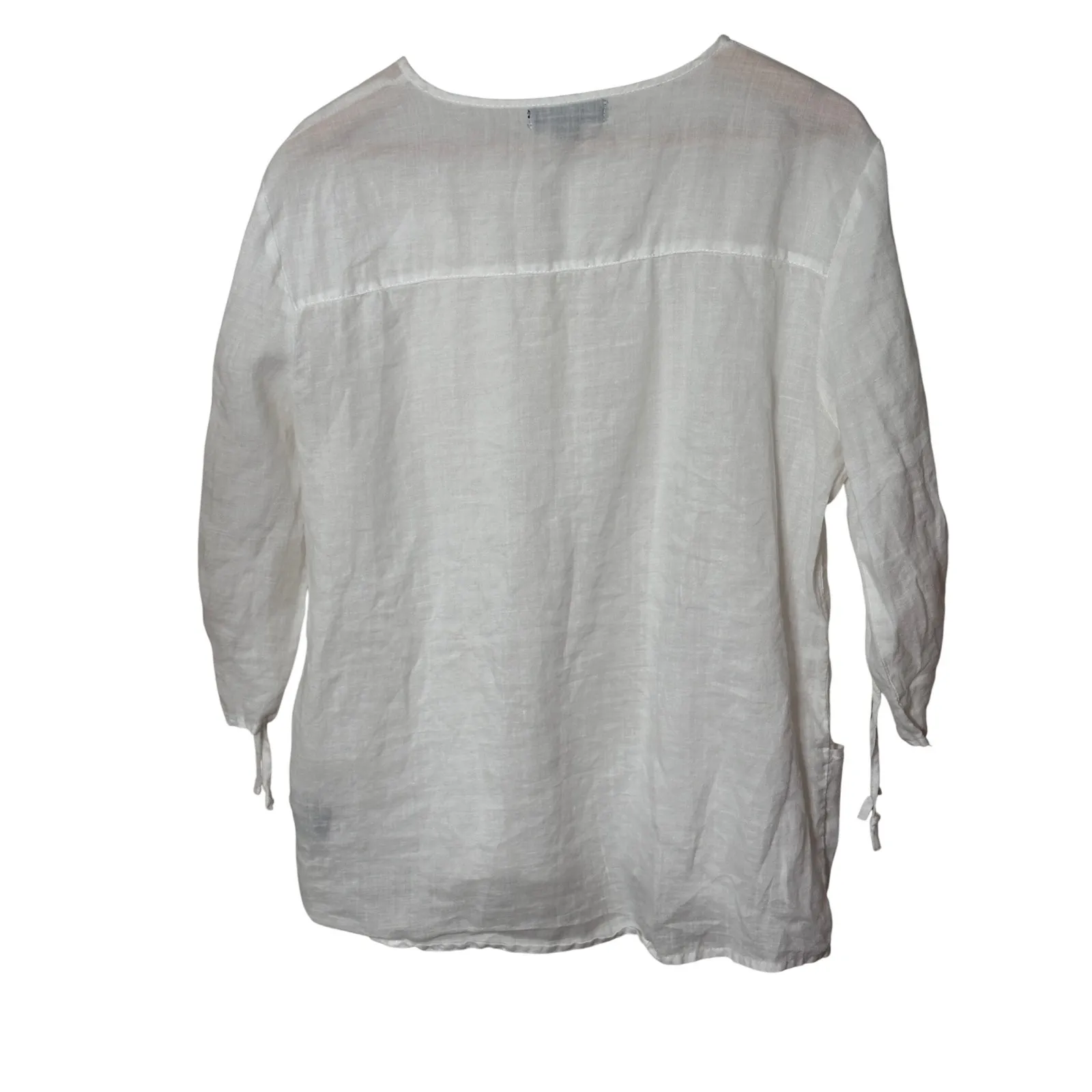 August Silk Womens Top Linen Blend White 3/4 Sleeve Tie Neck Medium Flowy Resort - Image 8