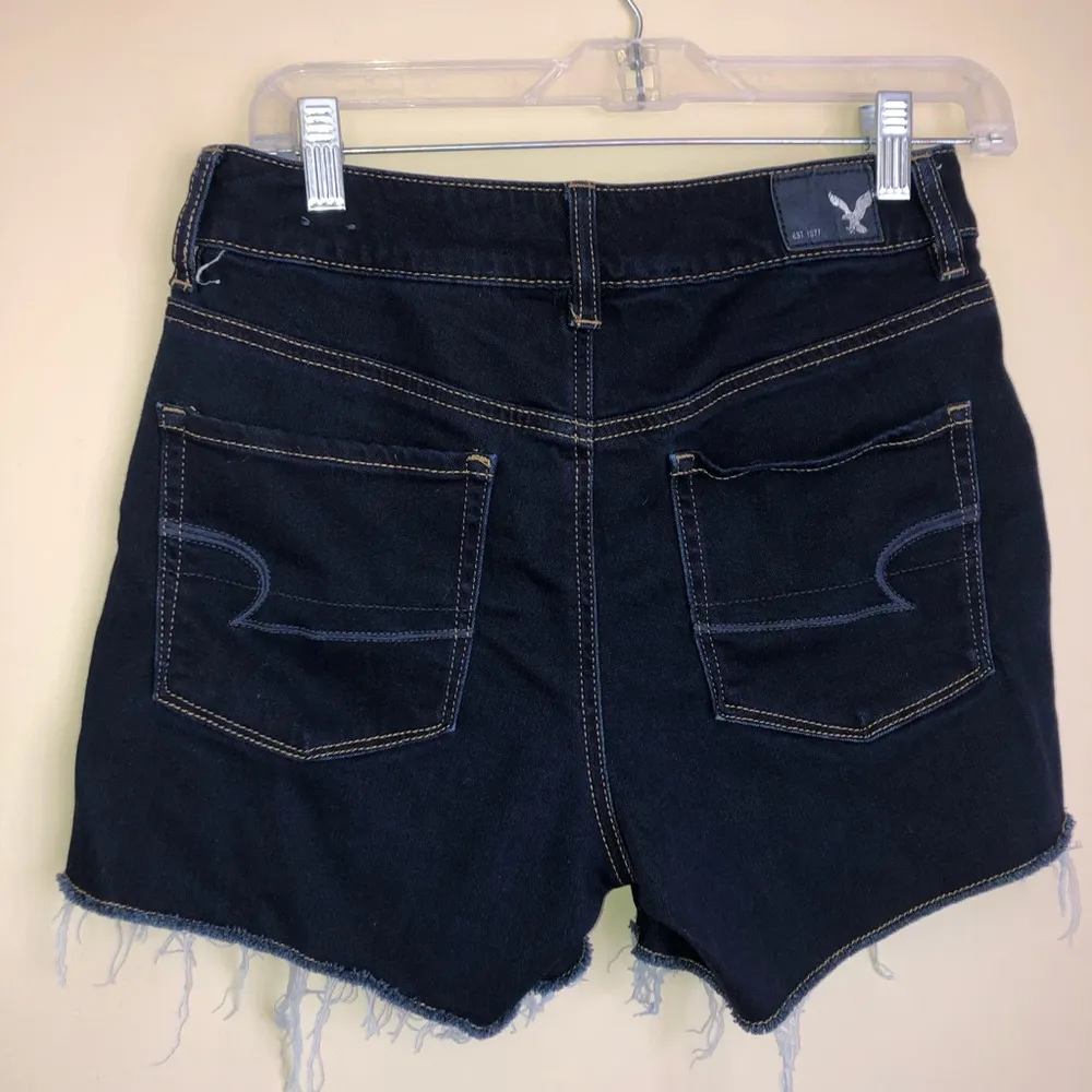 American Eagle Dark Wash Hi Rise Shortie Jean Short Raw Hem - Image 2