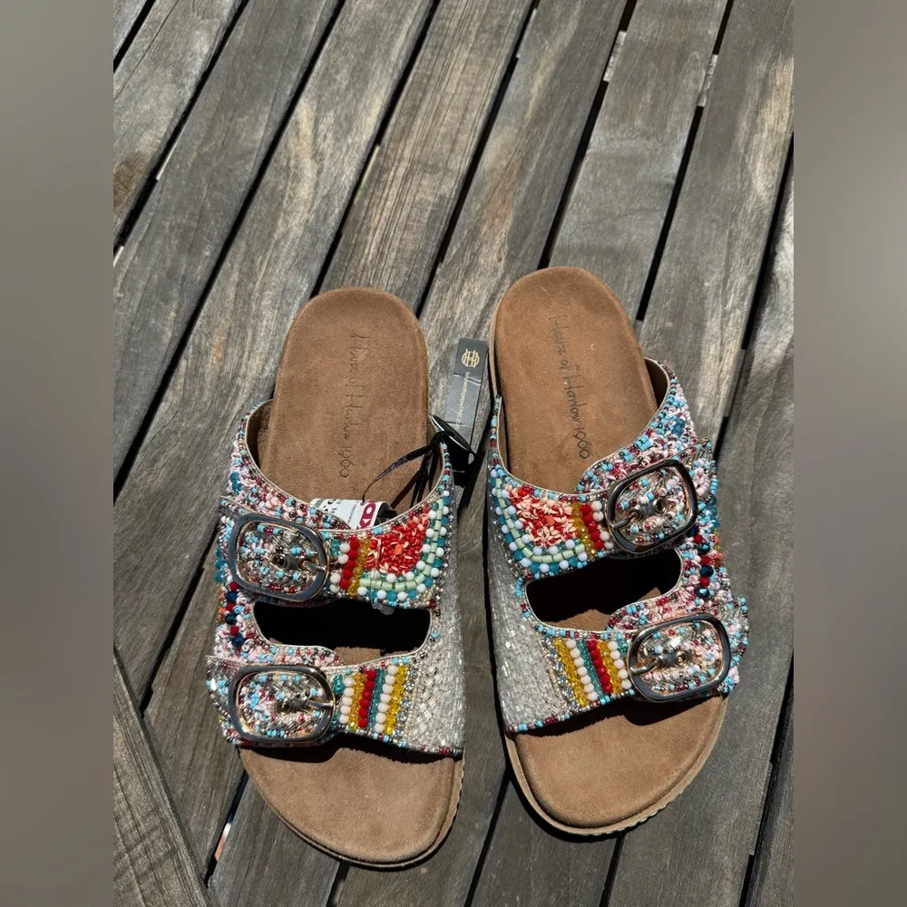 NWT House of Harlow 1960 Beaded Slides Sandals Multicolor Rainbow Design Size 8 Red - Image 5