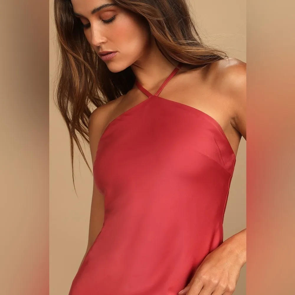 Lulus LULU’S Rooftop Party Dusty Red Satin Halter Mini Dress - Image 3