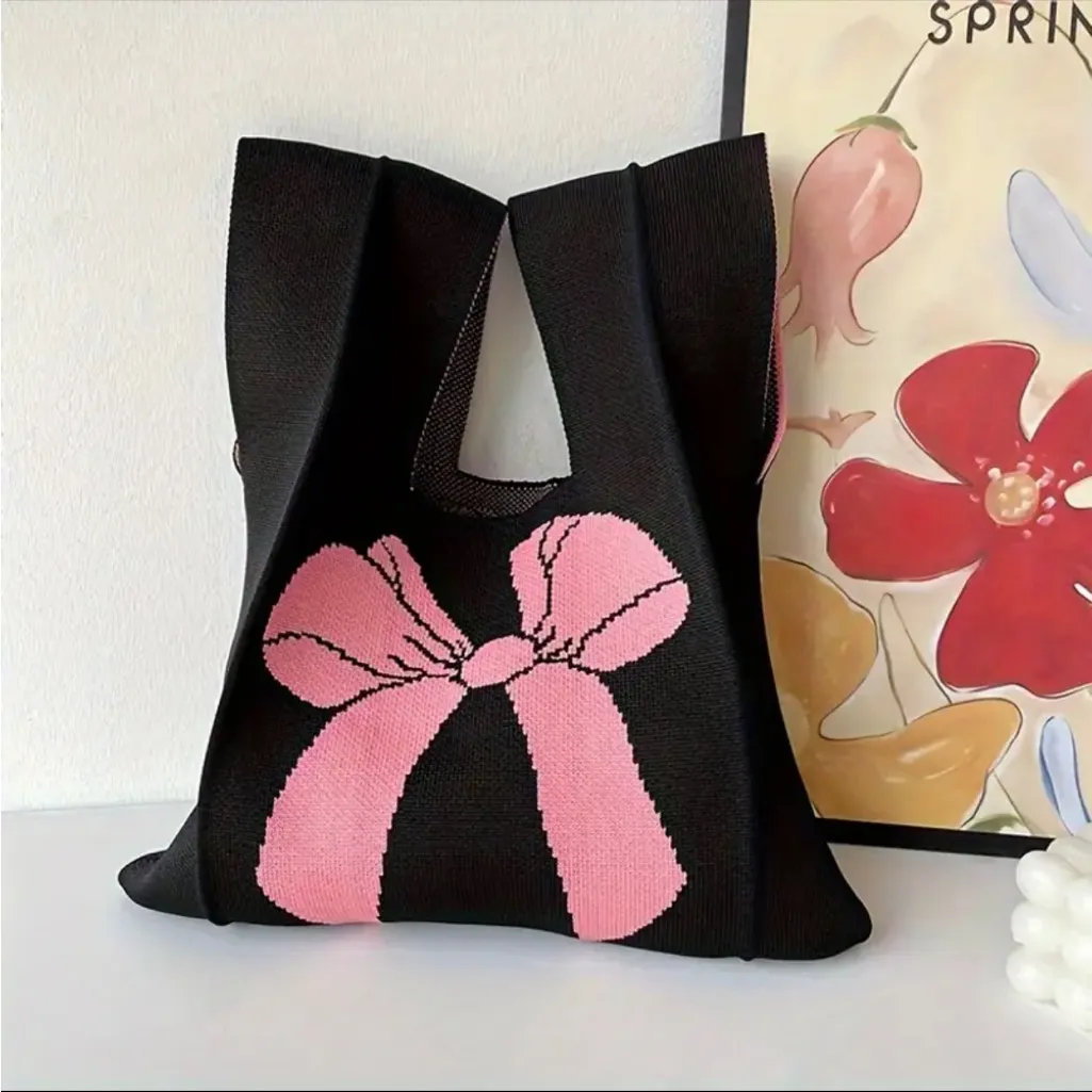 Stylish Black Pink‎ Bow Knit Style Handbag Fashionable Design Versatile Wristlet - Image 10