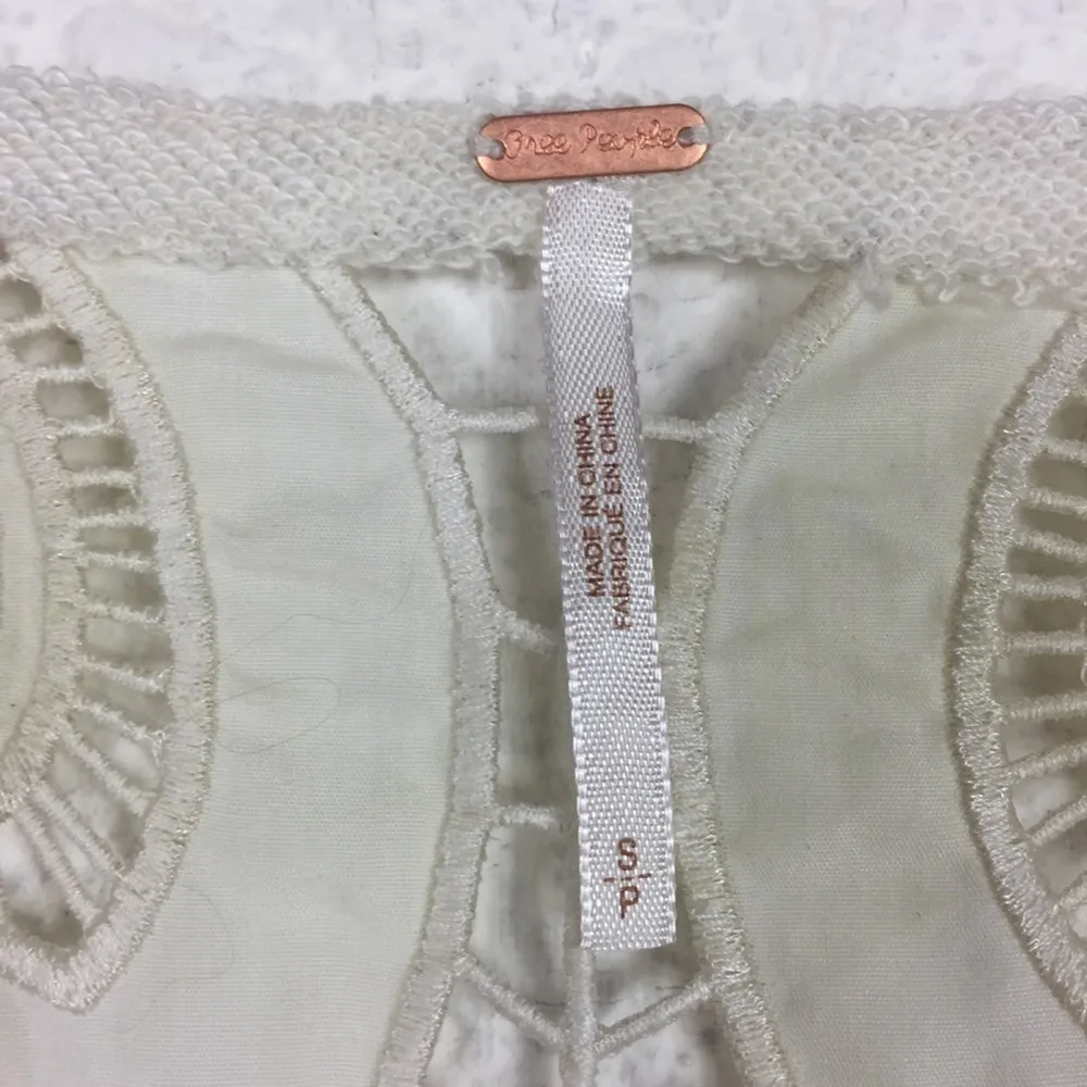 Free People Oatmeal Bell Sleeve Lasor Cut Out Lace Appliqué Sweatshirt Small - Image 5