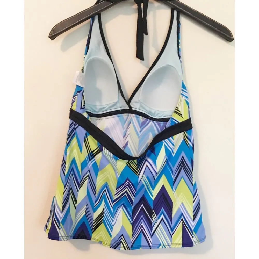 Nike Halter Tankini Swim Top Empire Waist Blue Green Black White Stripe L 10 - Image 6